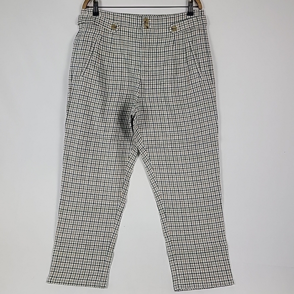 NWT Sundance Womens Sz 12 Vivienne Pants Cream Blue Brown Plaid MSRP $128 - Picture 1 of 9
